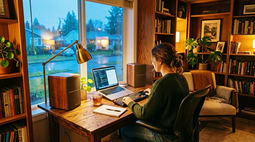 Computer speakers on a warm desk setup beside a rainy window for focused work