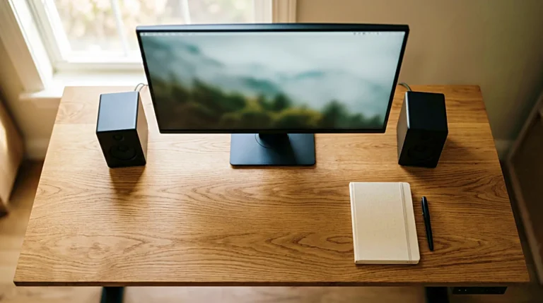 Computer speakers beside a monitor on a clean wooden desk setup