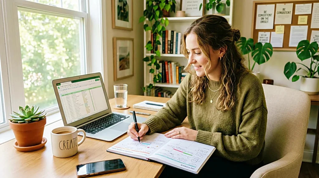 Creator organizing content planning notes before scheduling posts