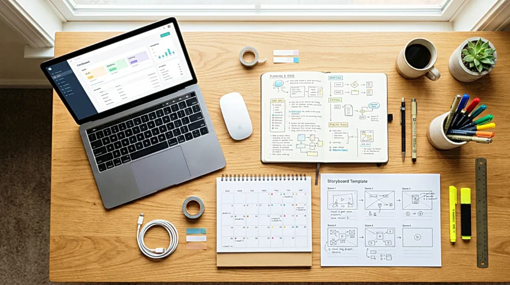 Organized content workflow desk showing notes, laptop, calendar, and planning tools for moving from idea to published post