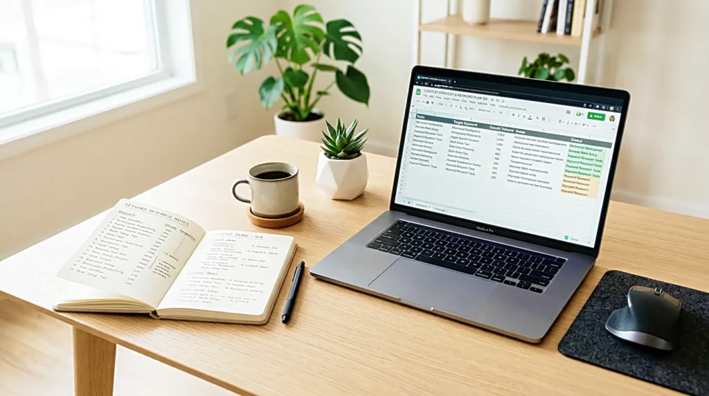 Content planning workflow with keyword research notes and laptop