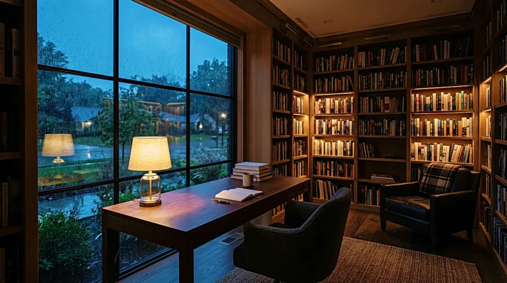 Cozy home library study room with rain on the window at night