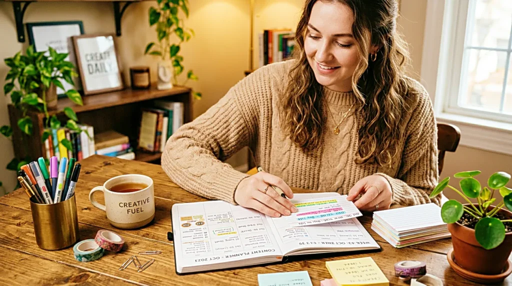 Creator planning a content calendar at a calm desk