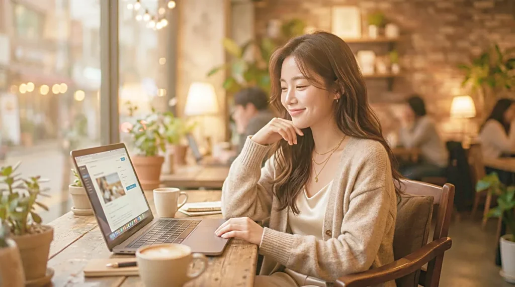 Creator checking a post before publishing on a calm workspace