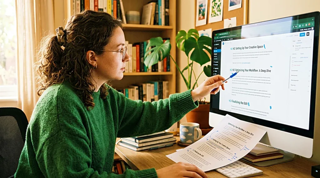 Creator reviewing H2 headings before finishing a blog post