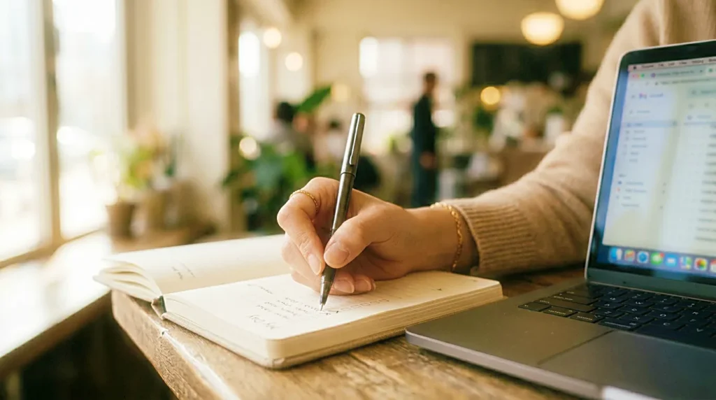 Creator workflow checklist with notes and laptop on a calm workspace