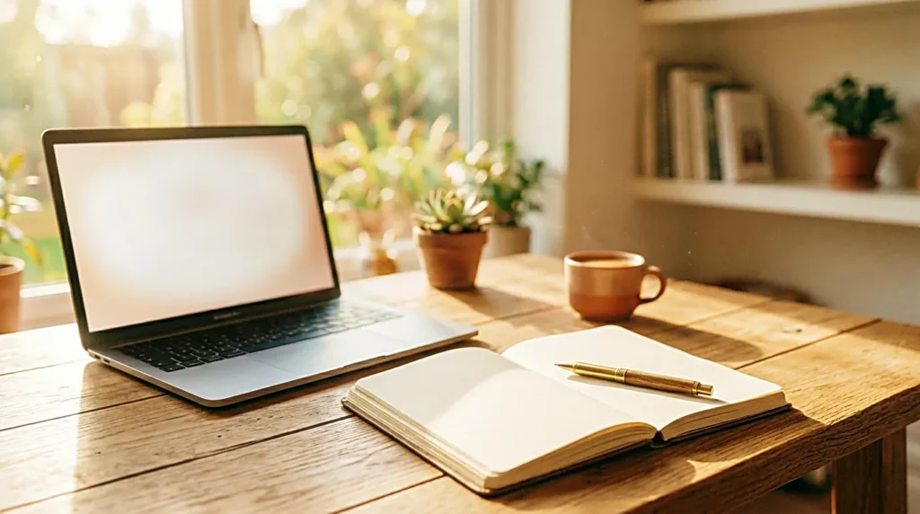 Simple creator workflow with notes and laptop on a calm desk