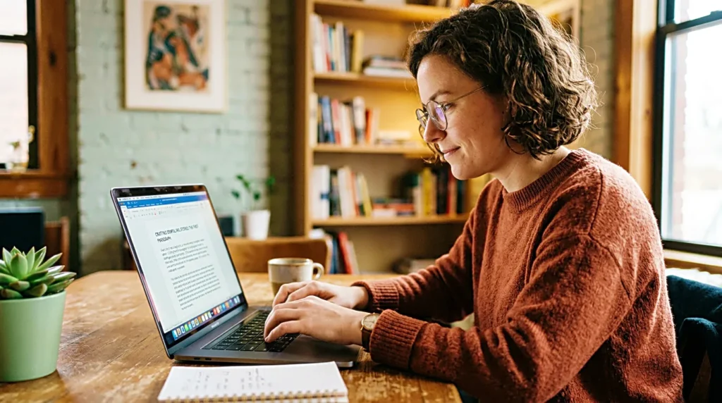 Creator writing the first paragraph of a blog post on a laptop