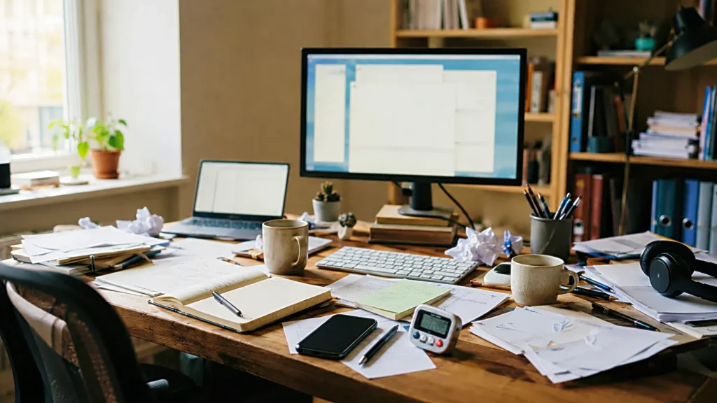 Messy home desk with timer, open screens, notes, and distractions before a deep focus session