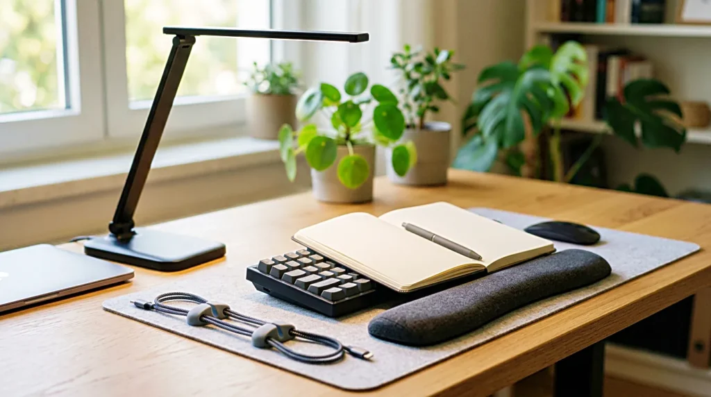 Desk accessories including notebook, wrist rest, cable clips, and lamp arranged before a focus session