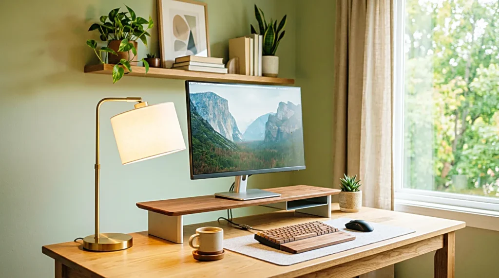 Desk lamp and monitor stand arranged for a comfortable home office setup