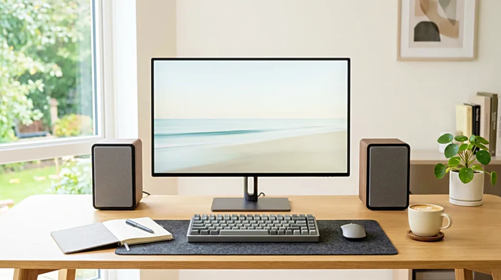 Small desk speaker beside a monitor on a wooden work desk