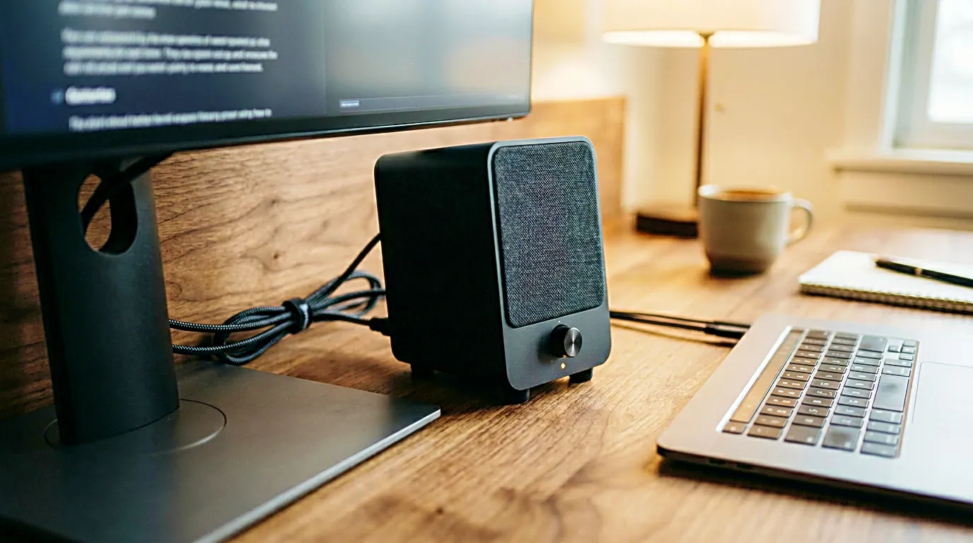 Desk speakers beside a computer monitor on a bright window desk