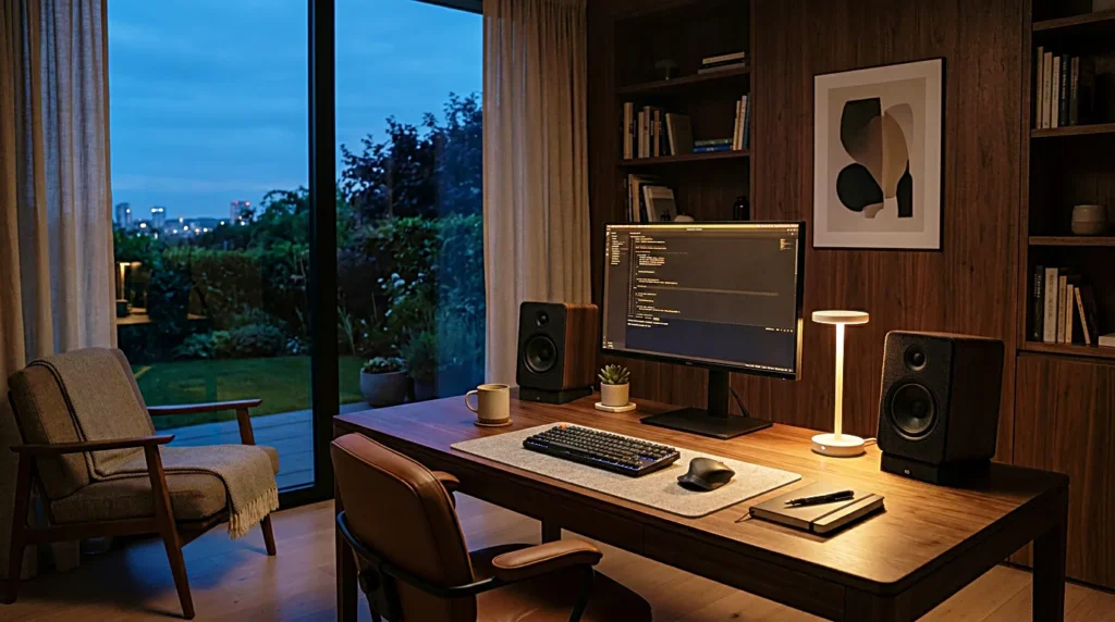 Desk speakers in a warm home office setup at dusk