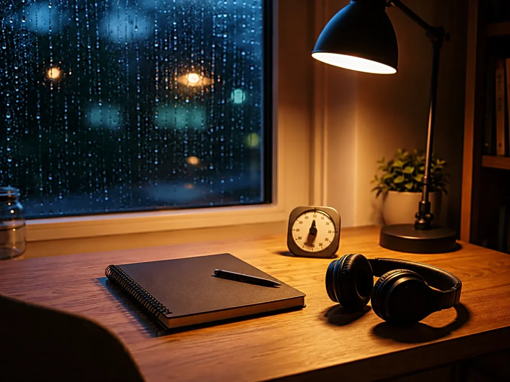calmsori_focus-desk-headphones-timer-rainy-window