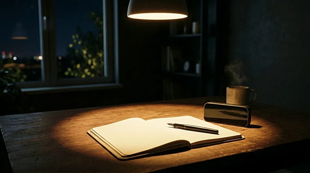 Pomodoro timer on a quiet night desk with an open notebook for focused work