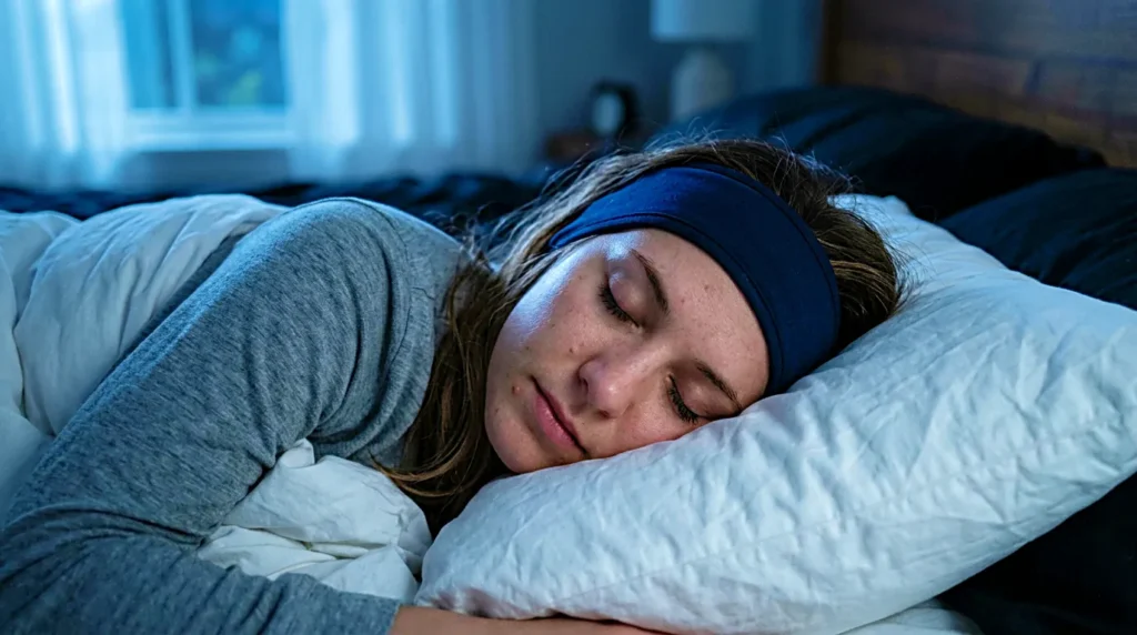 Earbuds on a bedside table for listening to sleep sounds at night