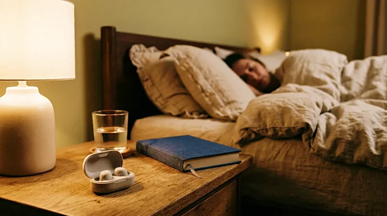 Earbuds on a bedside table for listening to sleep sounds at night