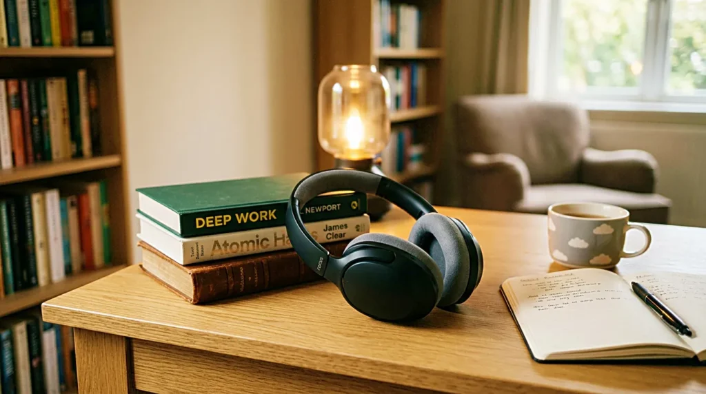 Headphones beside a laptop with soft ambient audio for study and concentration