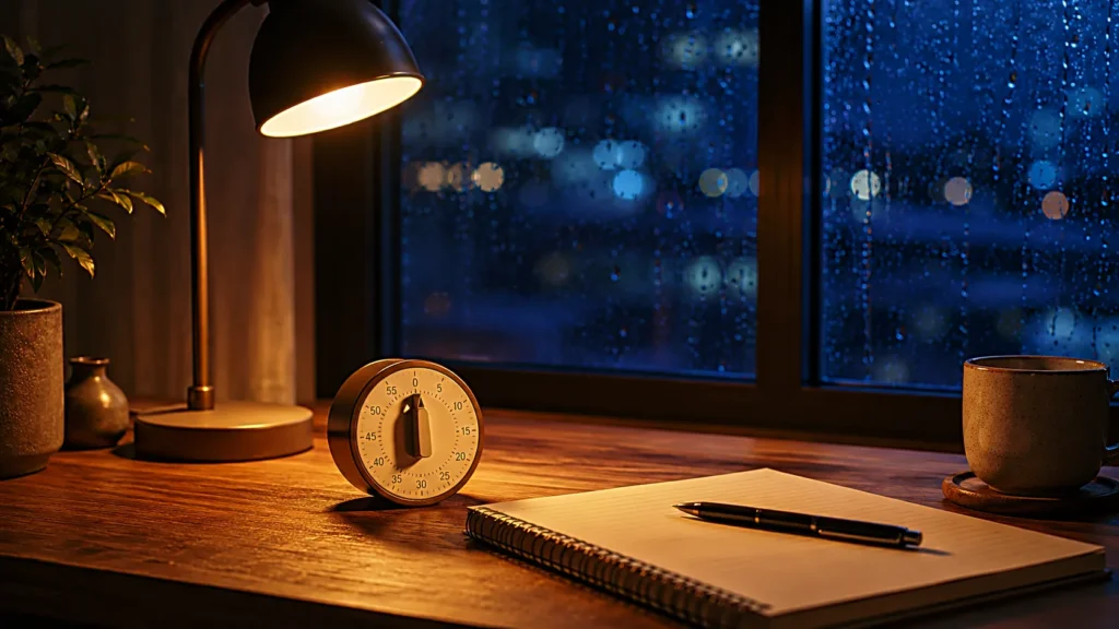15 minute timer with notebook and pen on a warm rainy night desk
