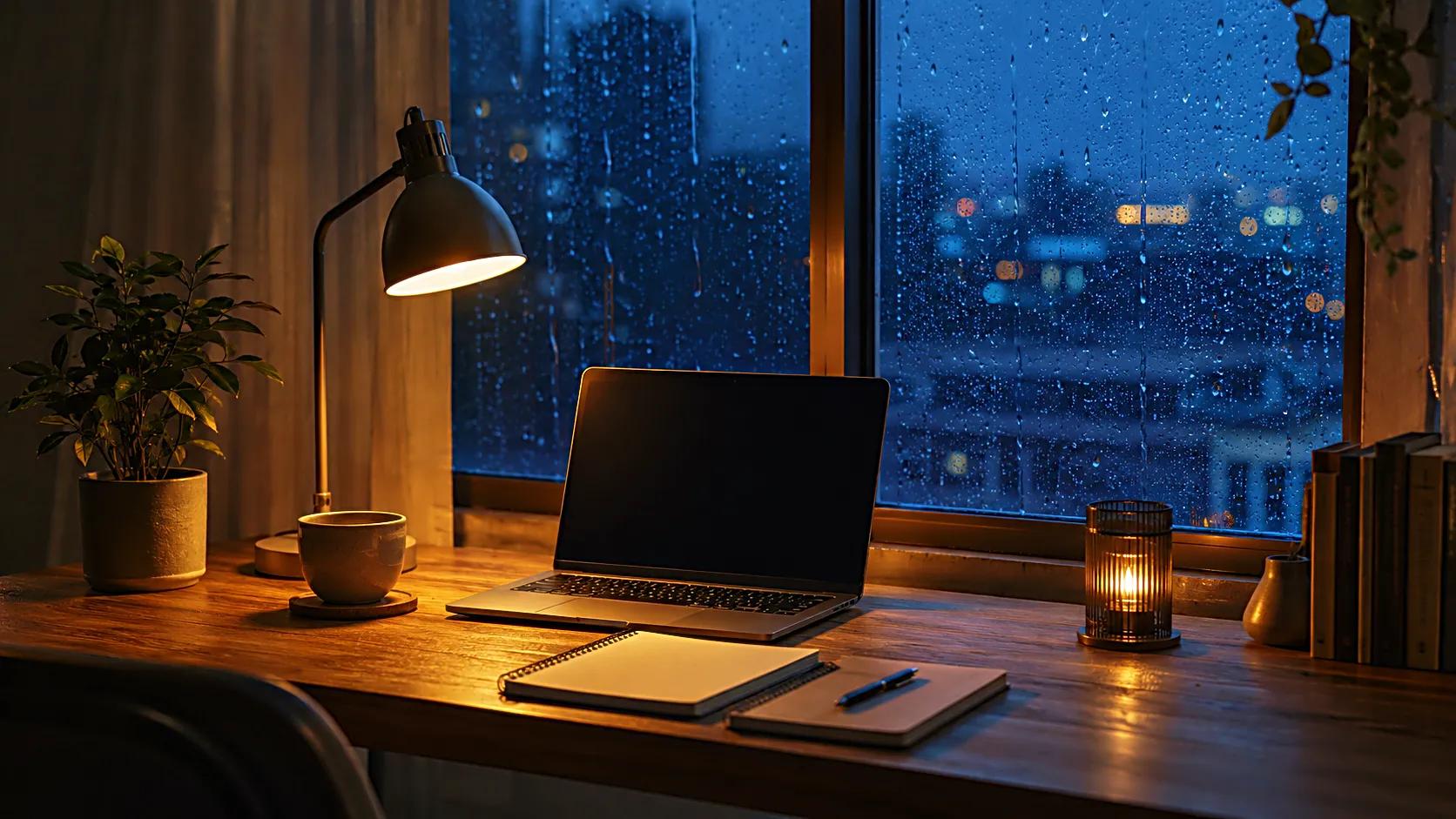 Cozy focus desk with laptop, notebook, and rain outside the window