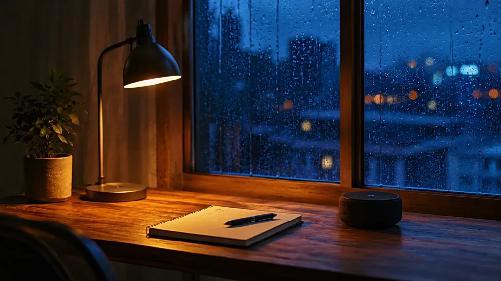 Simple work desk with rain sound speaker, notebook, and soft lamp light