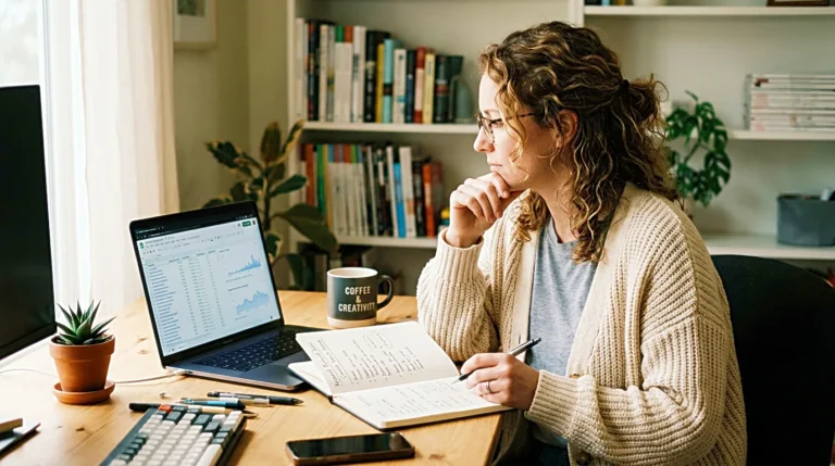 Creator reviewing keyword research on a calm desk before writing