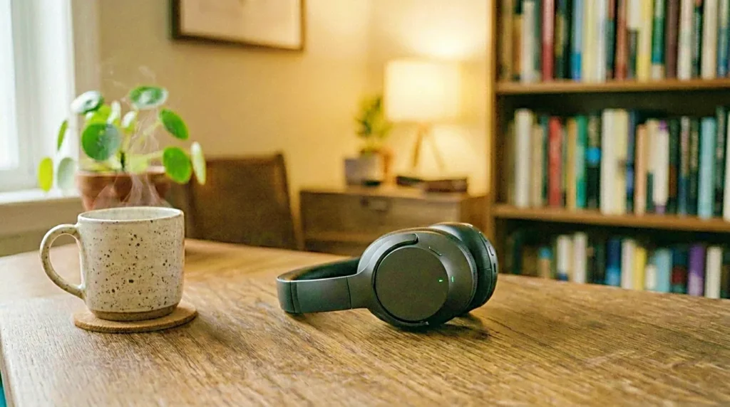 Noise cancelling headphones beside a warm coffee mug on a wooden study table