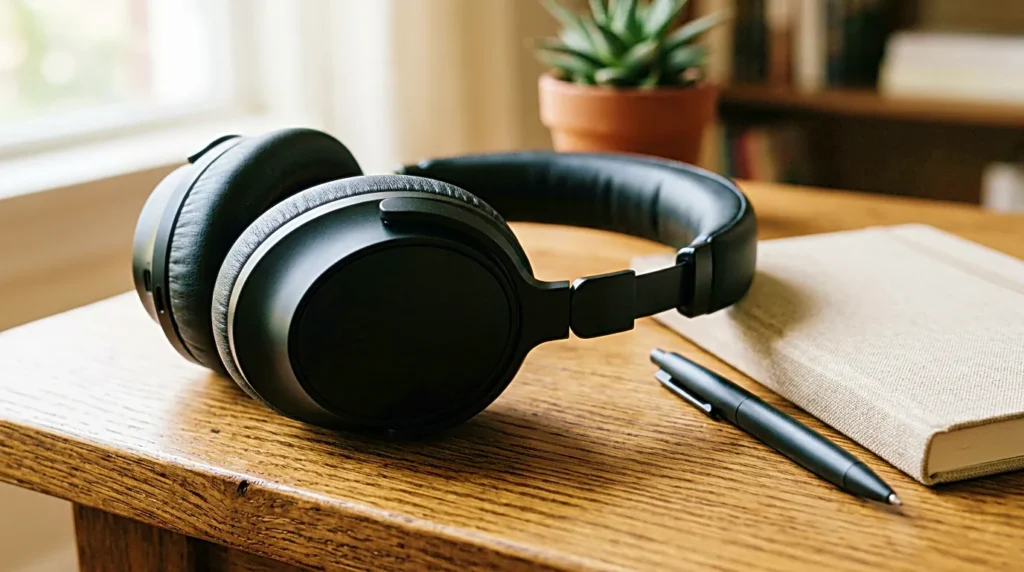 Close up of noise cancelling headphones on a wooden desk