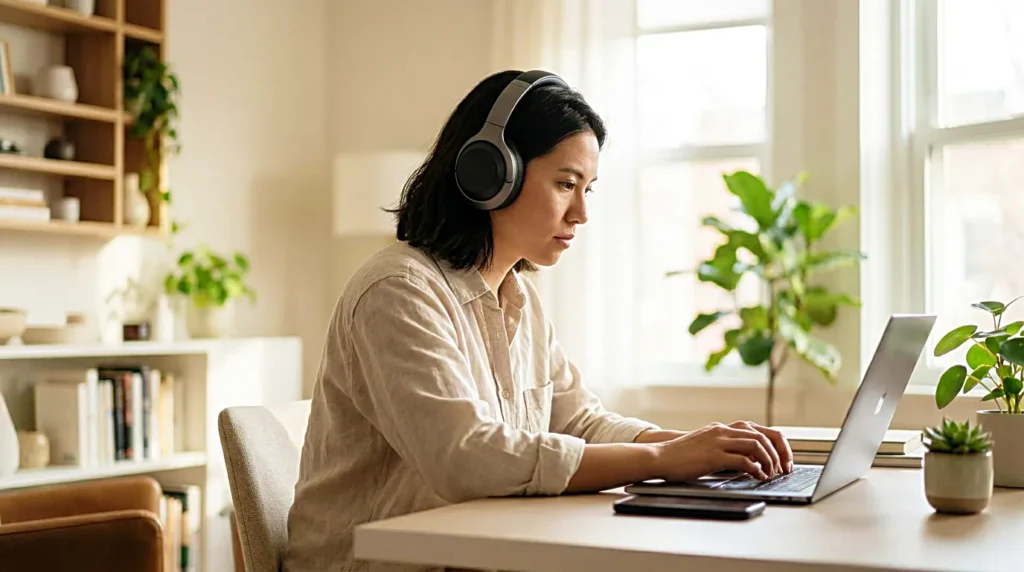 Person wearing noise cancelling headphones while working at a bright home desk