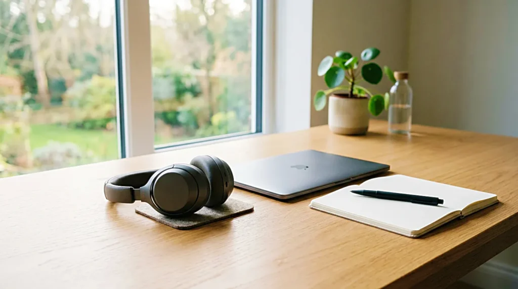 Person wearing noise cancelling headphones while working in a bright office