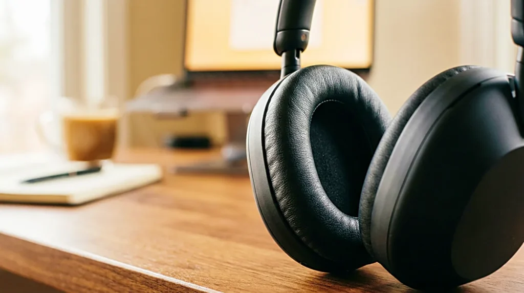 Close up of soft noise cancelling headphone ear cushions on a desk