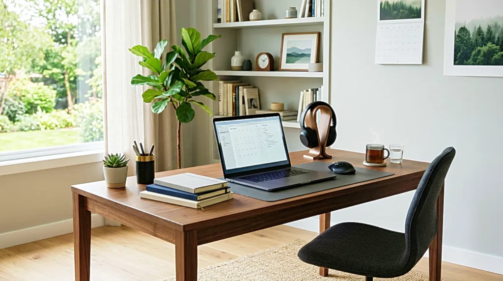 Close up of noise cancelling headphones on a wooden desk
