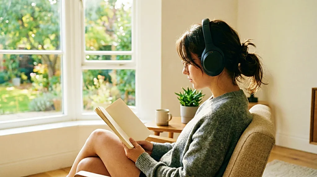 Person reading quietly while wearing noise cancelling headphones without music