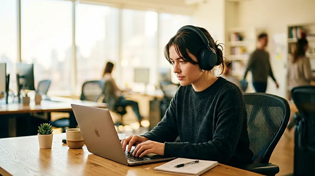 Noise cancelling headphones on an organized desk beside a laptop and notebook