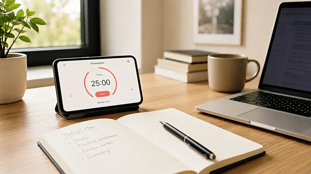 Online Pomodoro timer beside a notebook and laptop for a focused study session