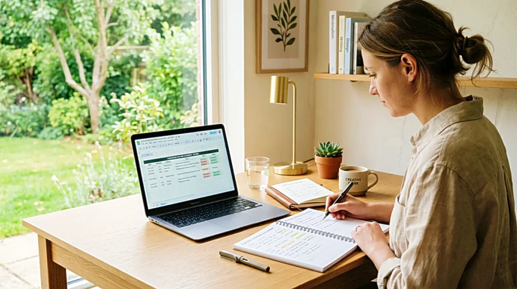 Publishing rhythm calendar with laptop and notes in a quiet workspace