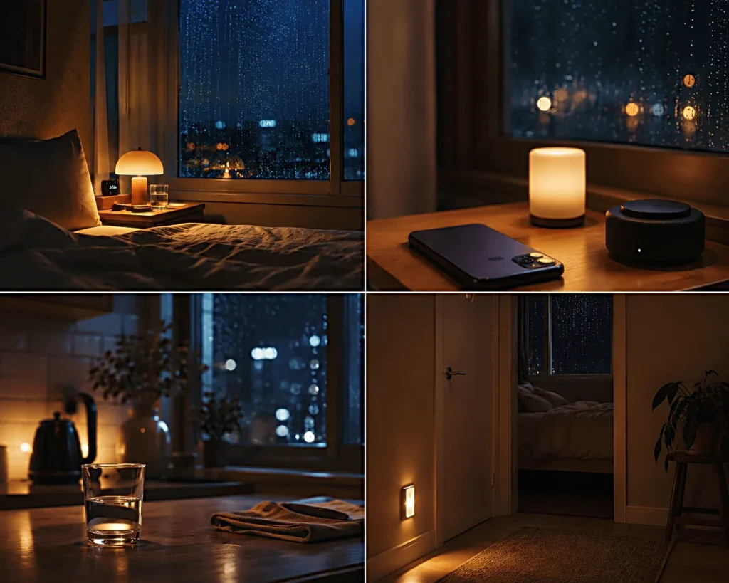Four cozy rainy night interior scenes with warm light and rain outside