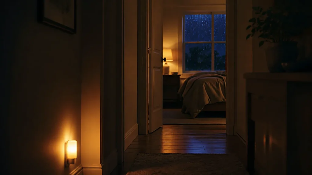 Quiet hallway leading to a bedroom with warm light and rain outside