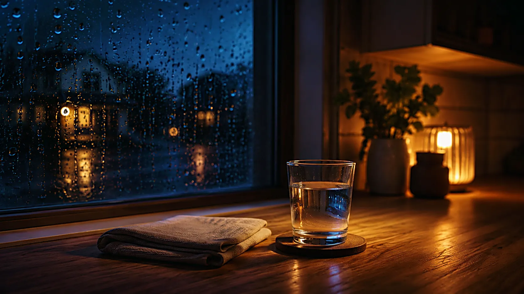 Glass of water beside a rainy window in a calm night routine