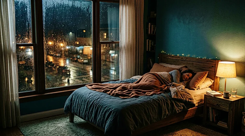Warm dim bedroom light with rain outside the window for a quiet sleep routine