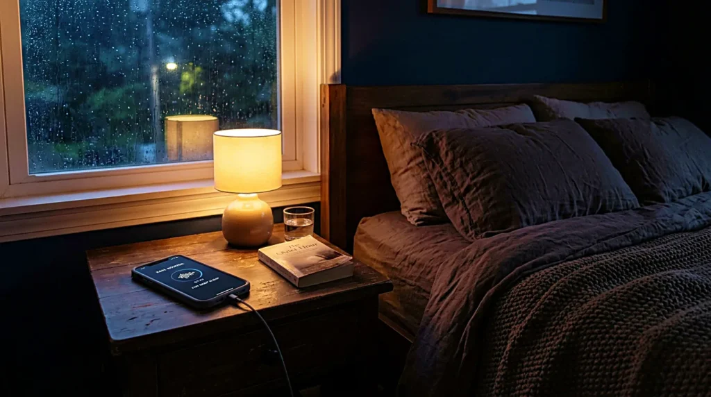 Phone placed away from the pillow while rain sounds play for sleep