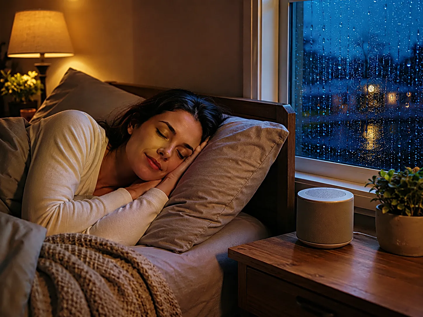 Woman sleeping peacefully beside a rain-covered window with a bedside speaker and warm bedroom lighting