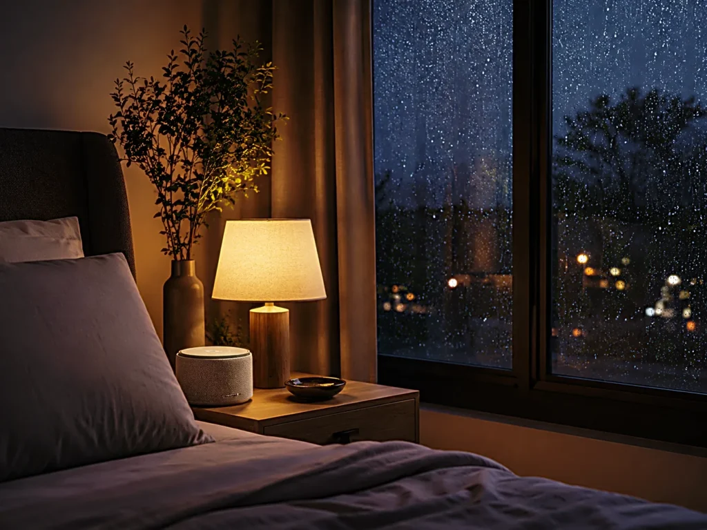 Cozy nighttime bedroom with a bedside speaker, warm lamp light, and rain on the window