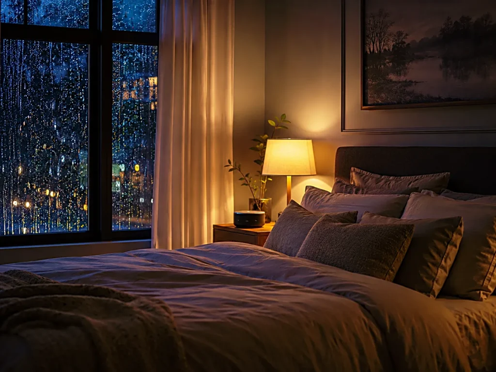 Empty cozy bedroom at night with soft bedding, warm lighting, and rain-streaked window