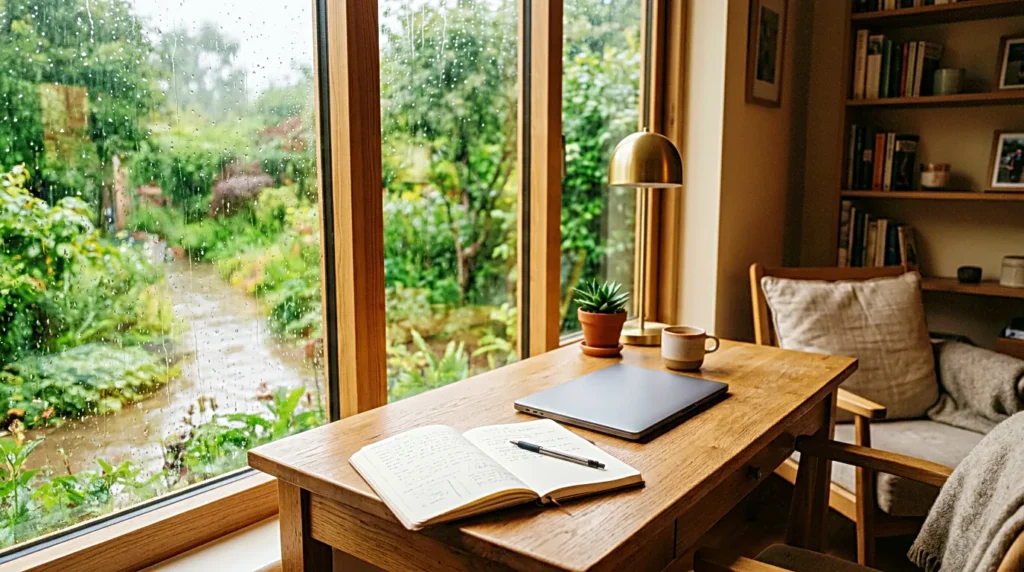 Rainy window desk with a laptop and open notebook for focused studying