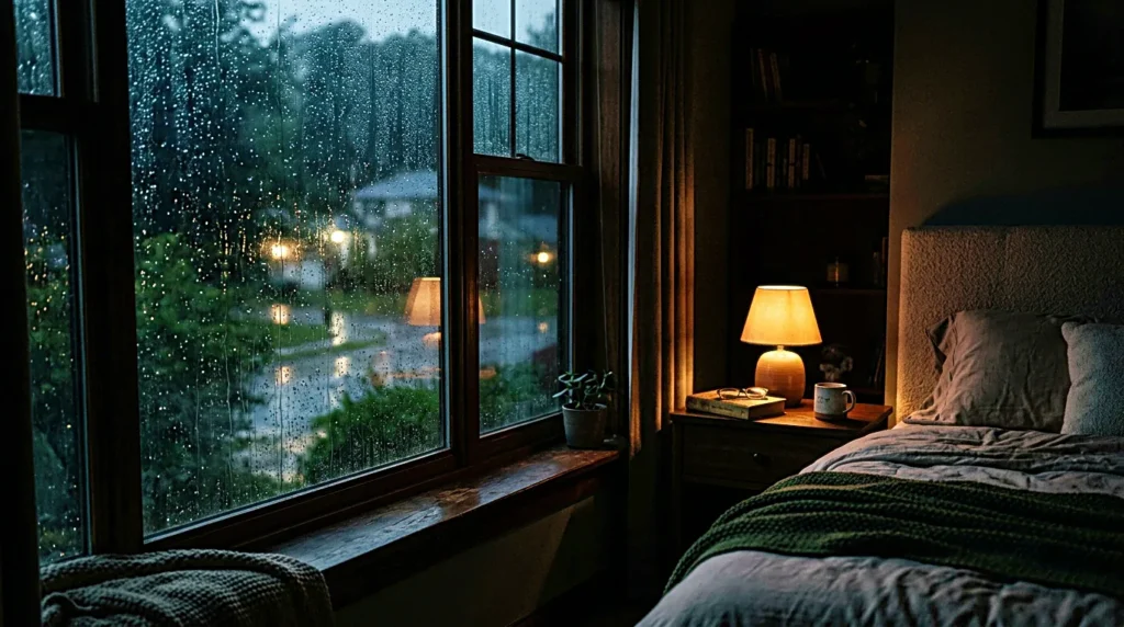 Quiet bedroom with soft rain on the window at night