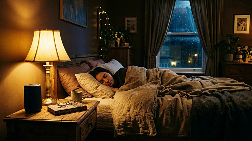 Bedside speaker in a quiet bedroom for white noise for sleep