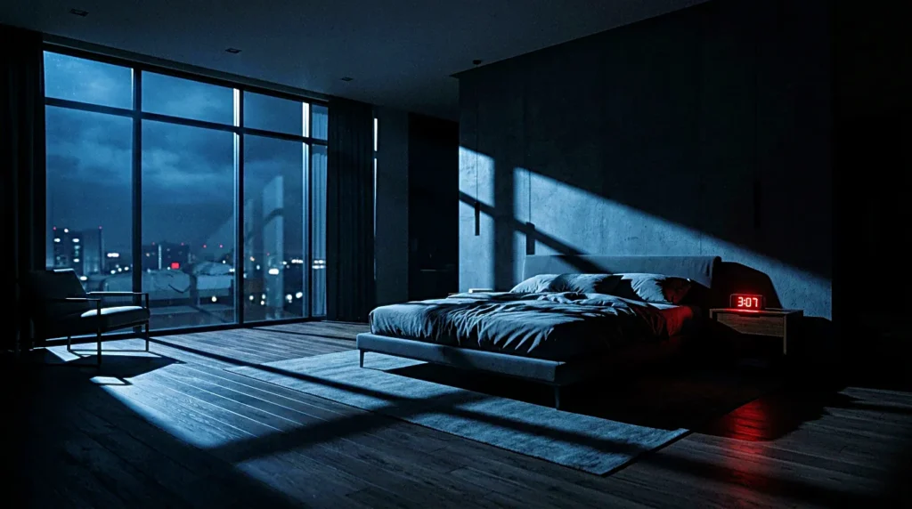 Dark bedroom at night with a quiet city window for white noise for sleep
