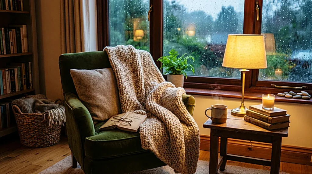 Cozy reading room with rain on the window for quiet studying